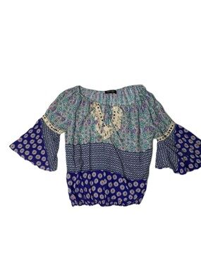 Vanita Rosa Boho Floral Off-Shoulder Peasant Blouse in Blue and Teal